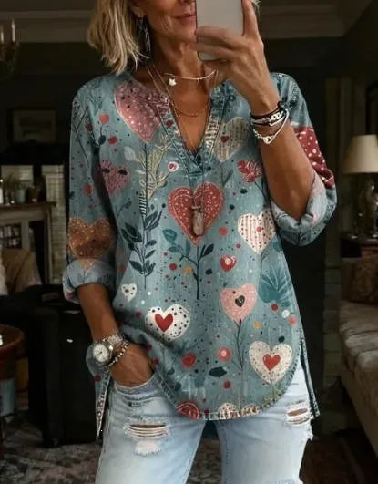 Bohemian Graphic Print Women Tunic Top Notch Collar Half Placket 3/4 Sleeve Pocket Casual Daily Blouse