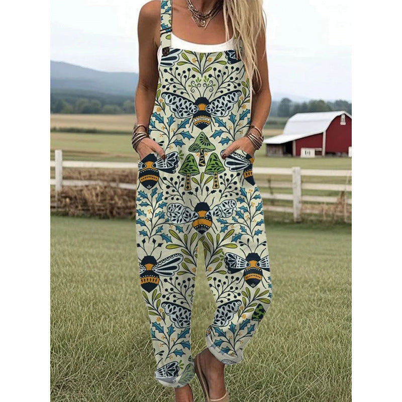 Printed Loose Overalls | Women's Casual Sleeveless Jumpsuit