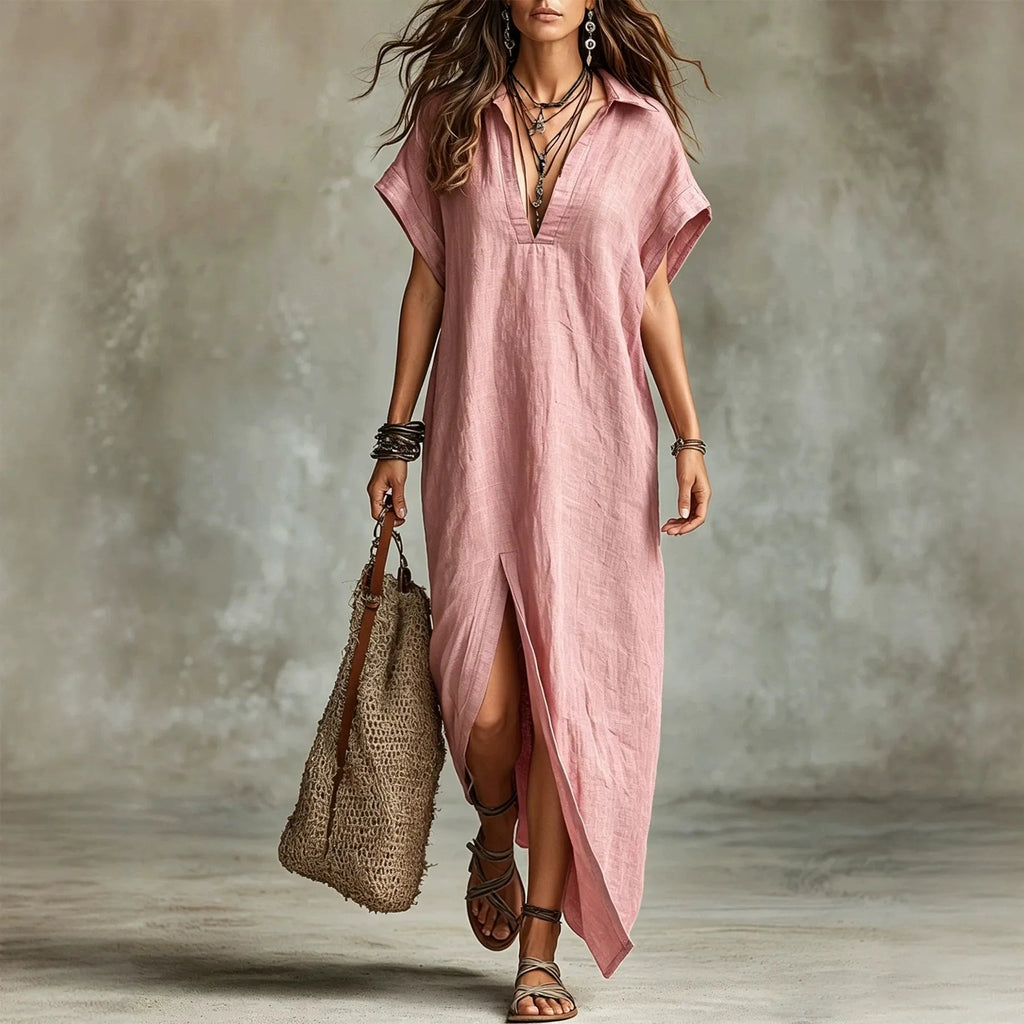 Women Lapel V Neck Maxi Shirt Dress Batwing Short Sleeve Side High Slit Loose Boho Resort Long Dress