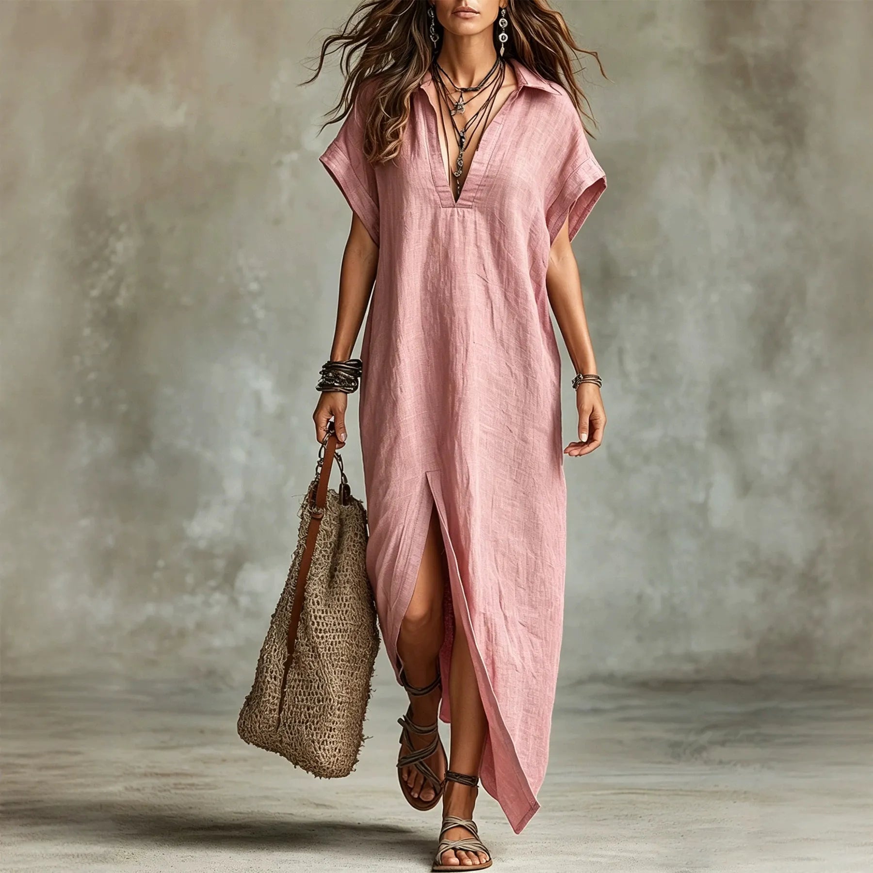Women Lapel V Neck Maxi Shirt Dress Batwing Short Sleeve Side High Slit Loose Boho Resort Long Dress