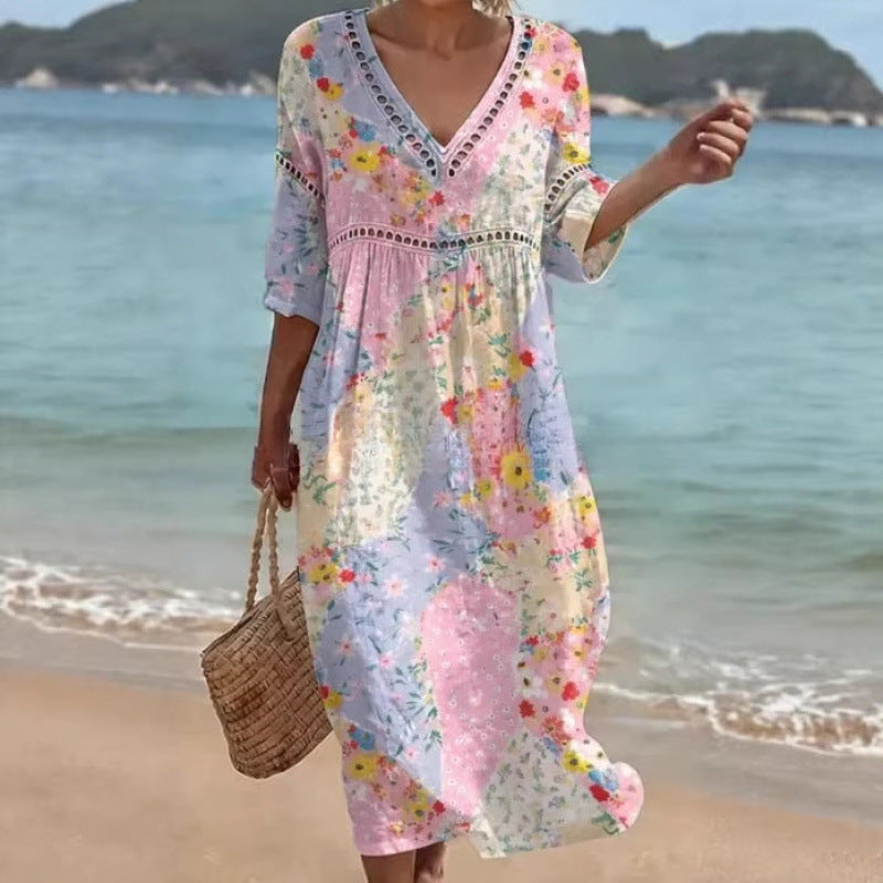 Women's V-Neck Floral & Print Midi Dress