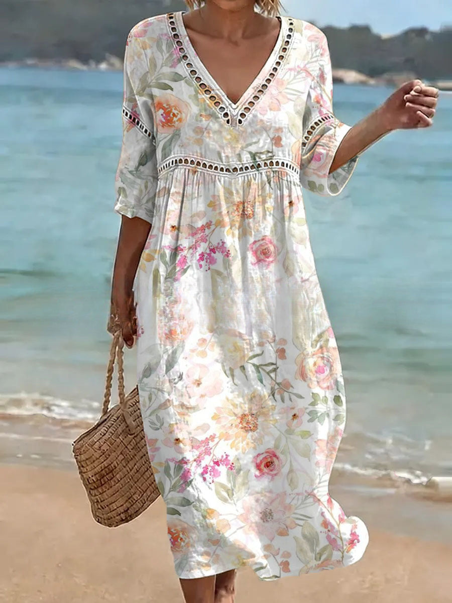 Women's V-Neck Floral & Print Midi Dress
