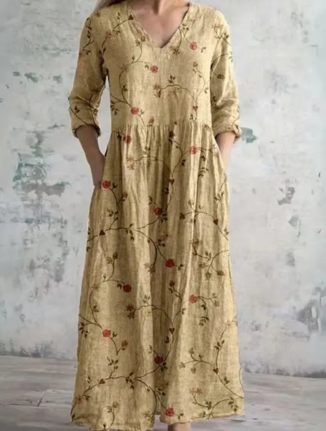 Women's Boho Floral Print Linen Maxi Dress