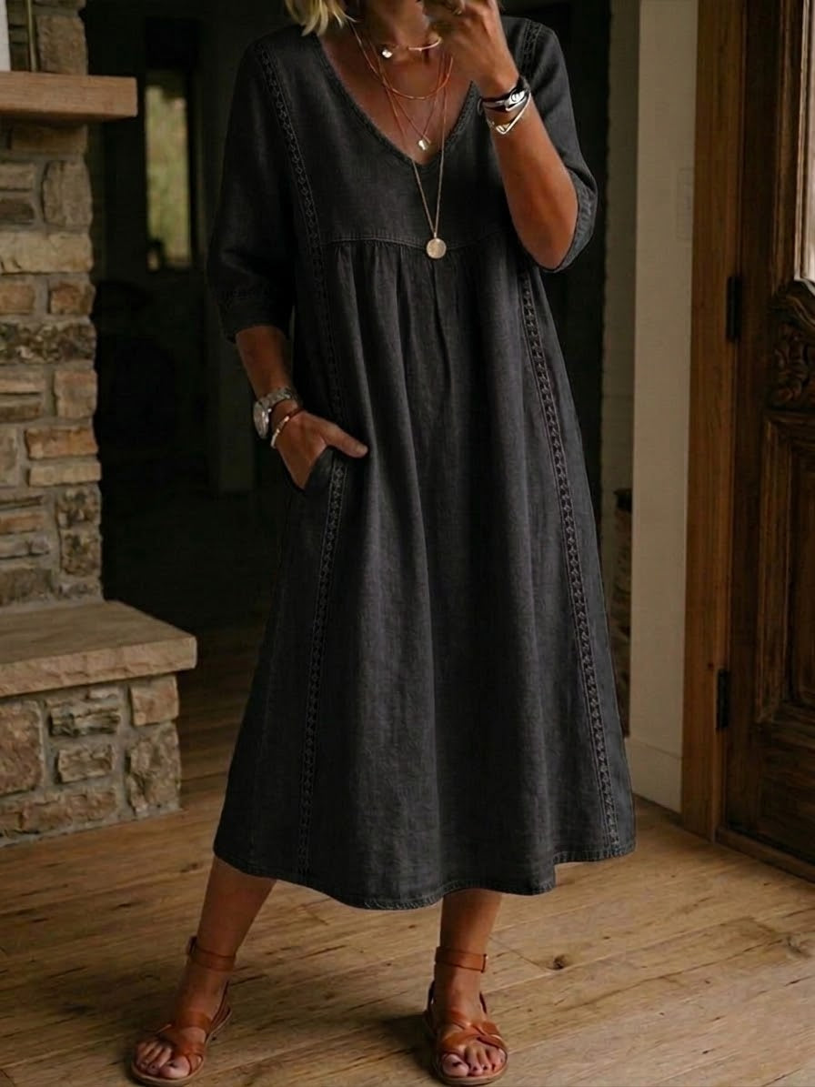 Women's Casual Loose-fitting Patchwork Lace Trim Linen And Cotton Dress