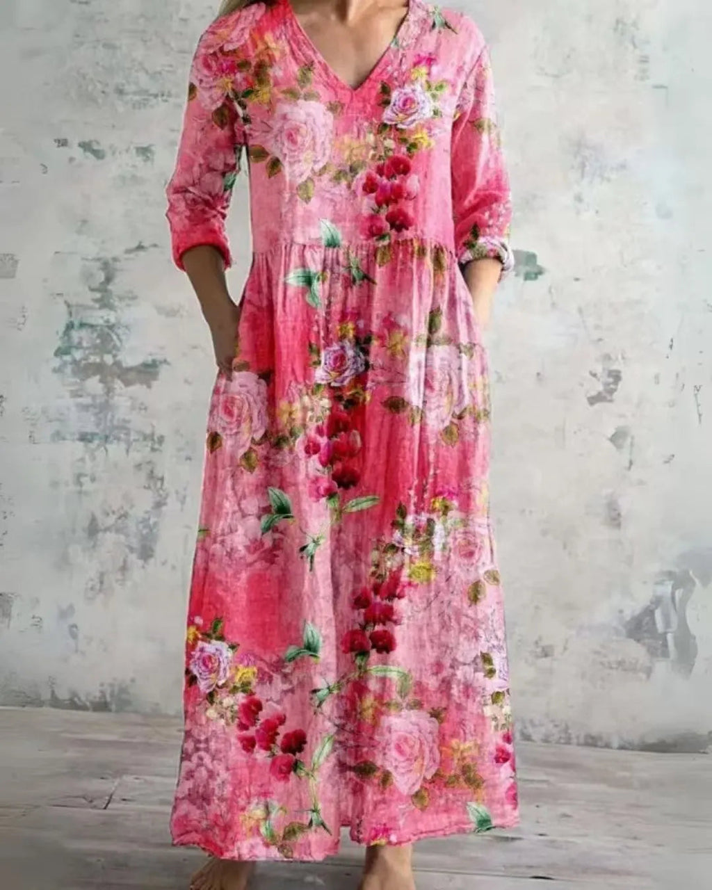 Women's Boho Floral Print Linen Maxi Dress