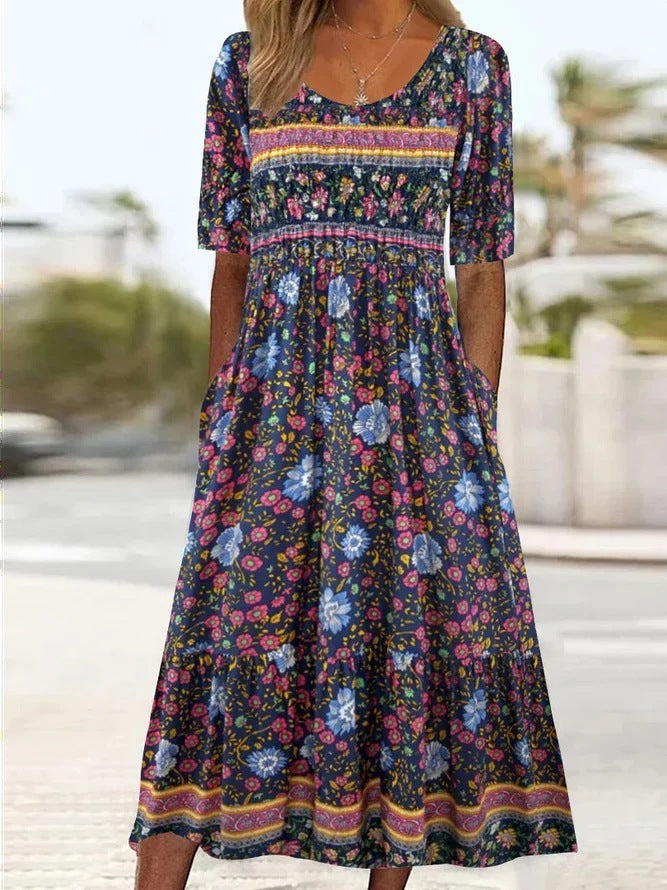 Women's round neck short sleeve bohemian print dress