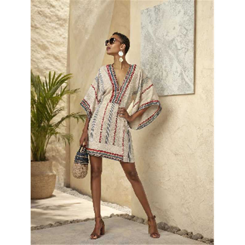 Women's V-Neck Linen-Blend Kaftan Dress