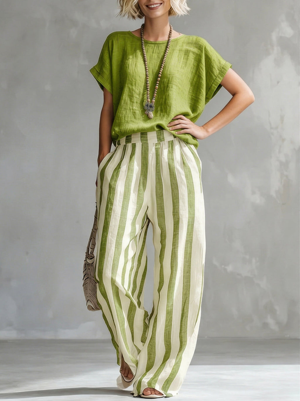 Linen Cotton Two Piece Set | Women's Striped Casual Outfit