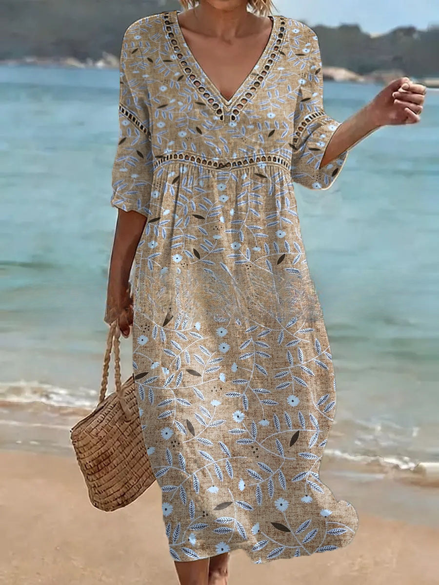Women's V-Neck Floral & Print Midi Dress
