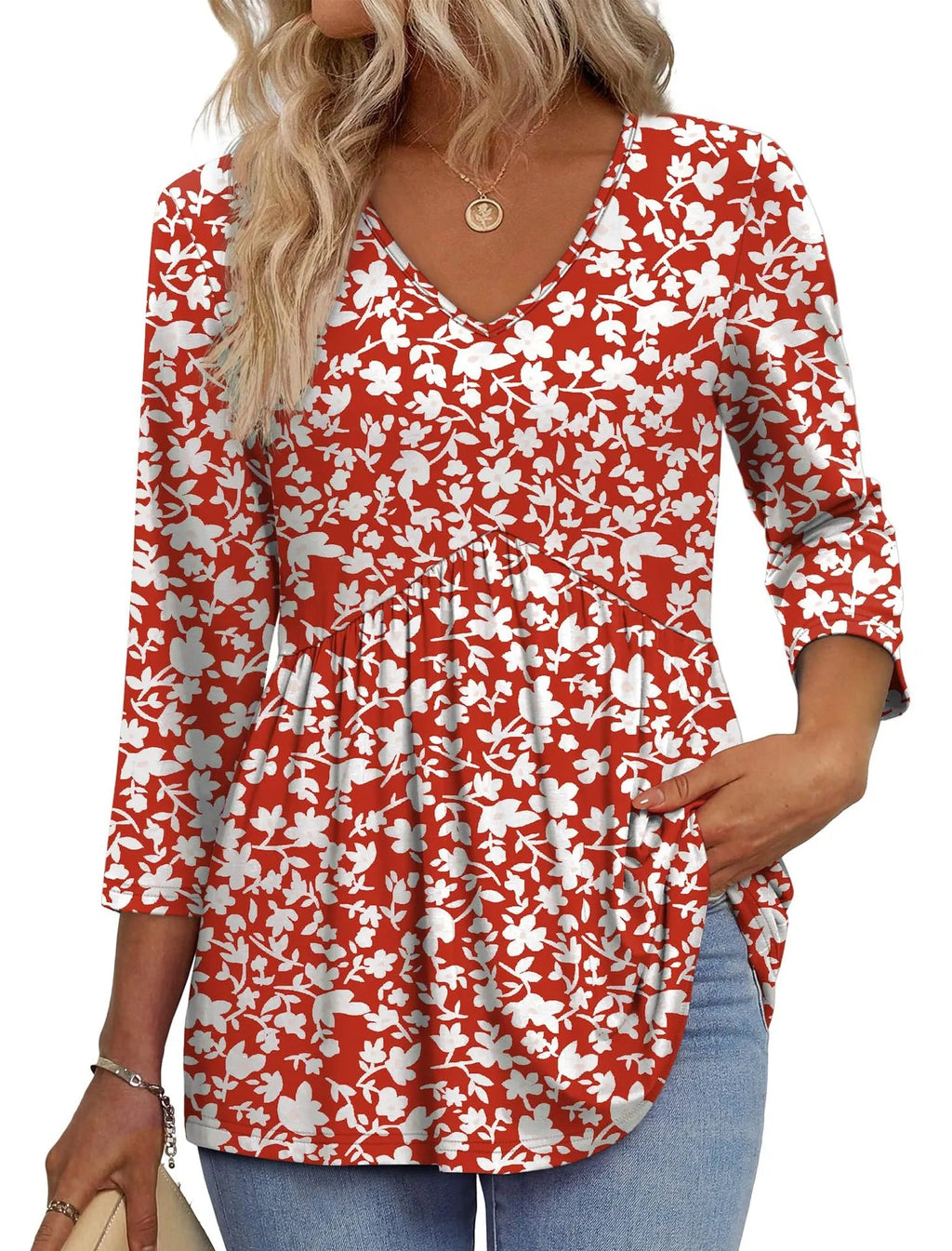 Women V Neck 3/4 Sleeve Leaf Print Empire Waist Tunic Top