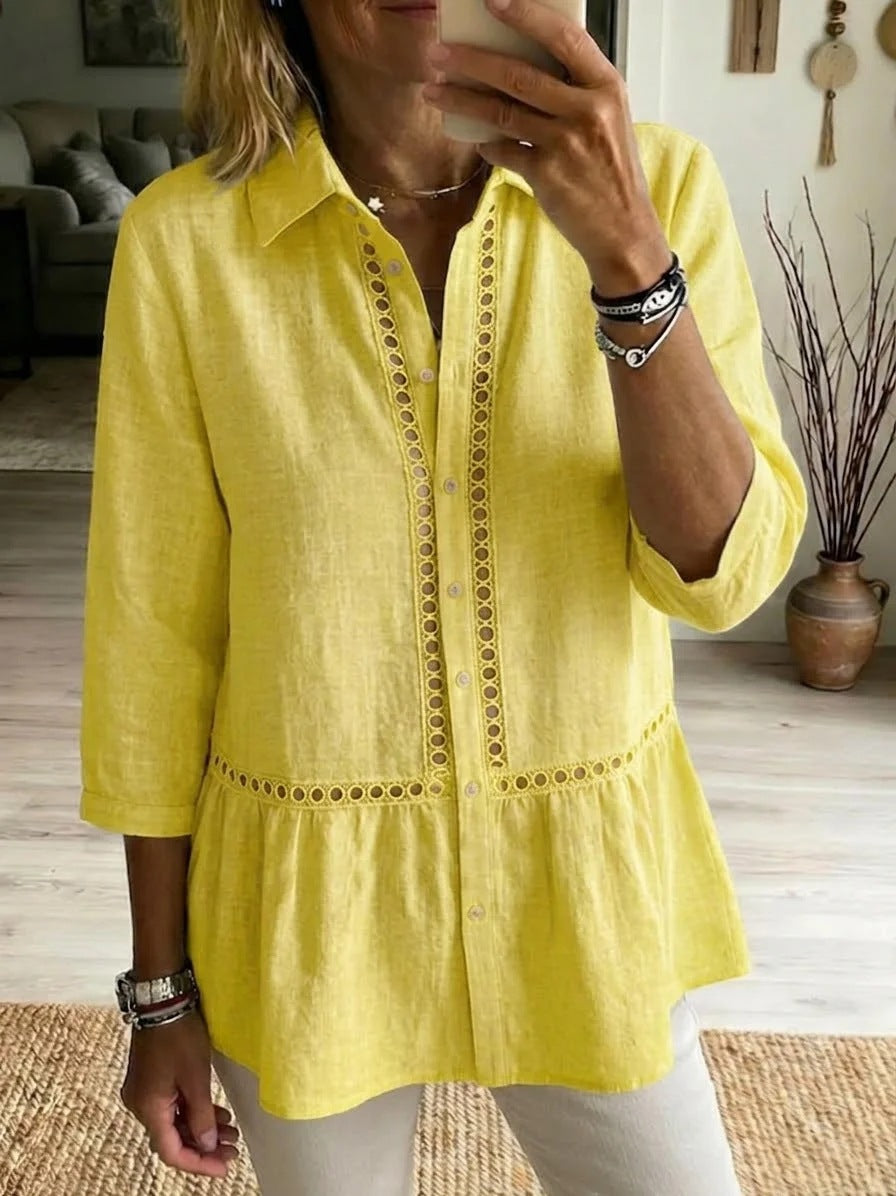 Women's Collared 3/4 Sleeve Button-down Blouse