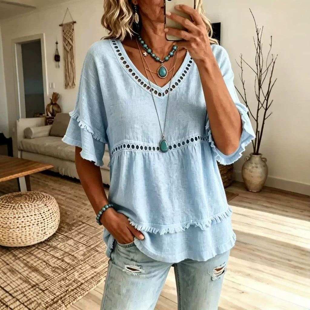 Women's V-Neck Eyelet Ruffle Trim Peplum Blouse