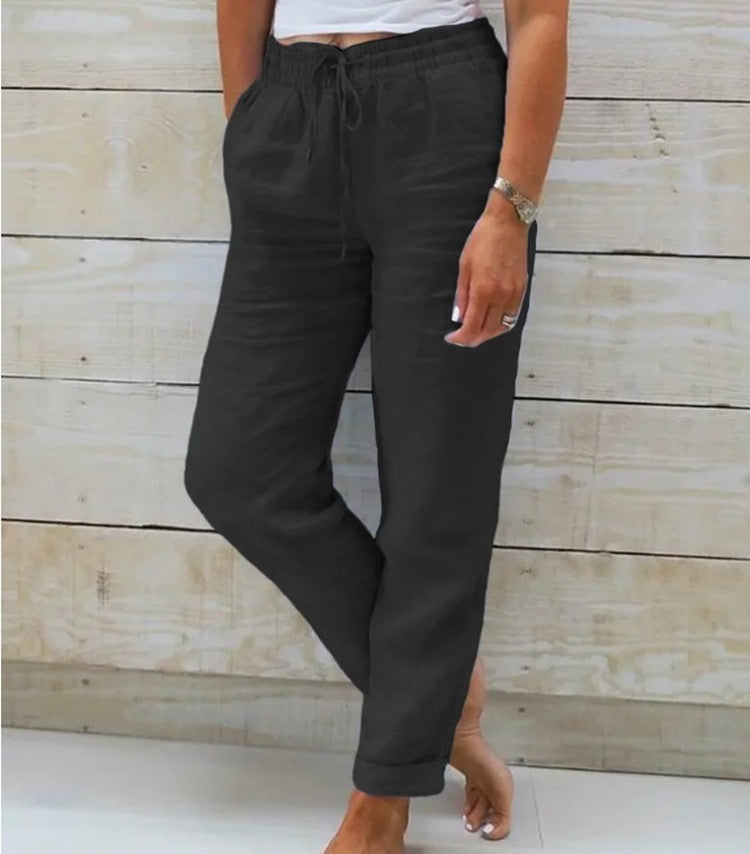 Elastic high-waisted solid color cotton and linen casual pants