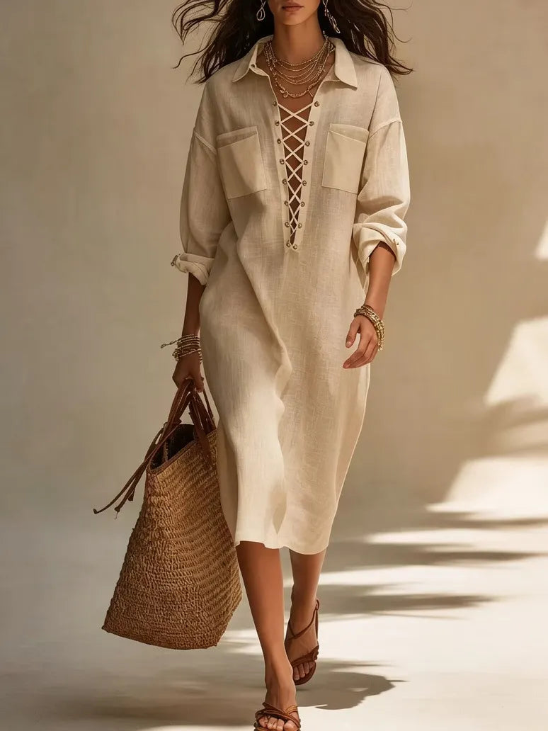 Minimalist Solid White Oversized Shirt Dress Collar Front Lace Up Placket Cuffed Sleeve Casual Vacation Midi Dress
