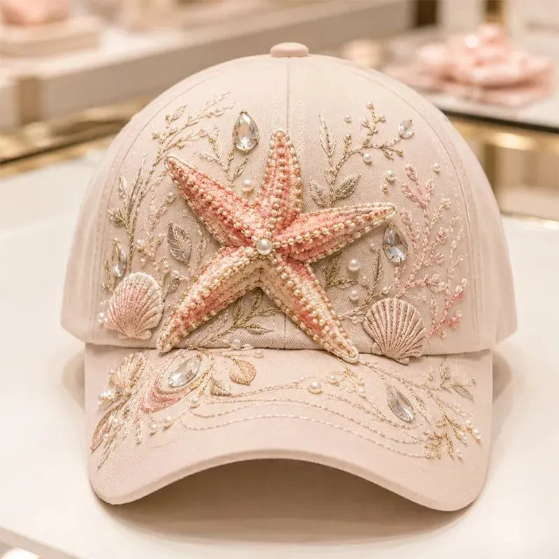 🌊 3D Ocean Creatures Embroidery Cap | Pearl & Crystal Adjustable Hat for Beach, Travel & Everyday Wear