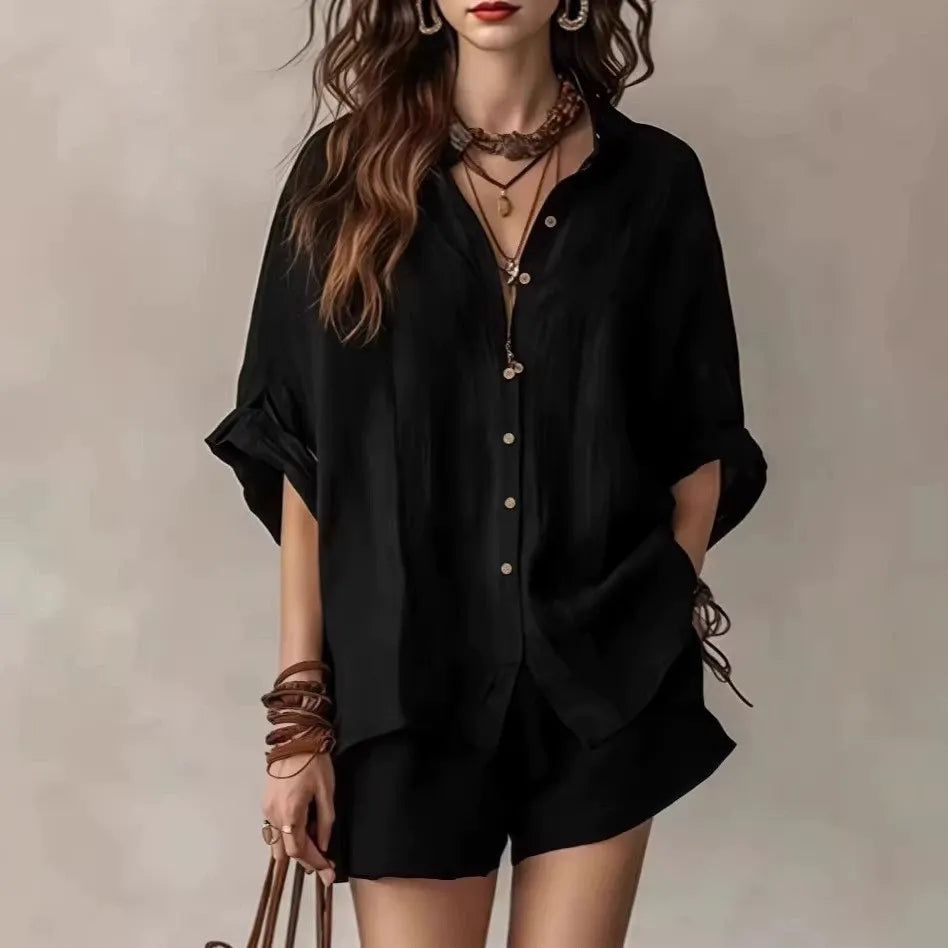 Solid-color loose button-down shirt and shorts set – stylish, casual plus-size matching set