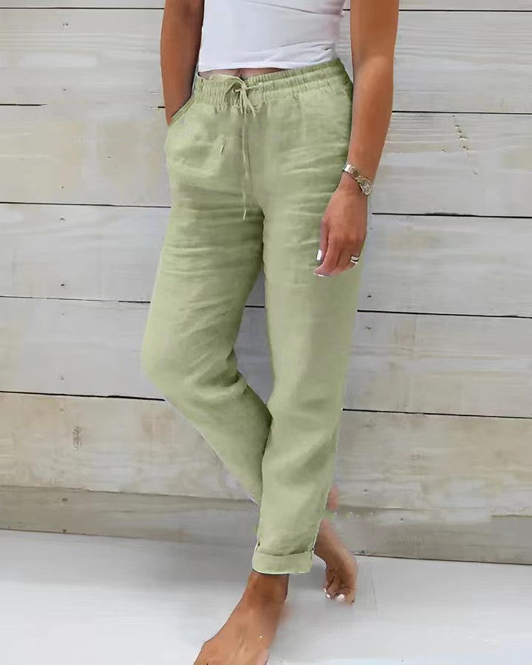 Elastic high-waisted solid color cotton and linen casual pants
