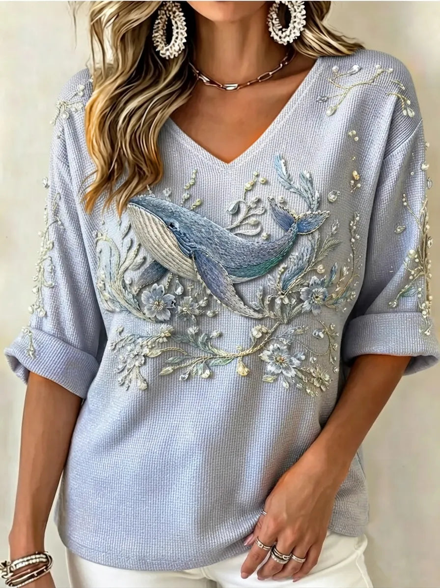 Women's Ocean Embellished V-Neck Knit Top – Relaxed Rolled Sleeve Style