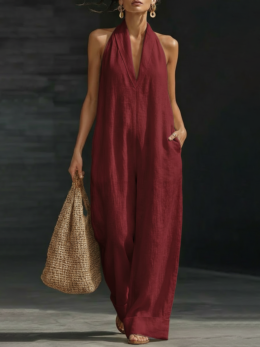 Halter Neck Linen Jumpsuit | Women's Wide Leg One Piece Outfit