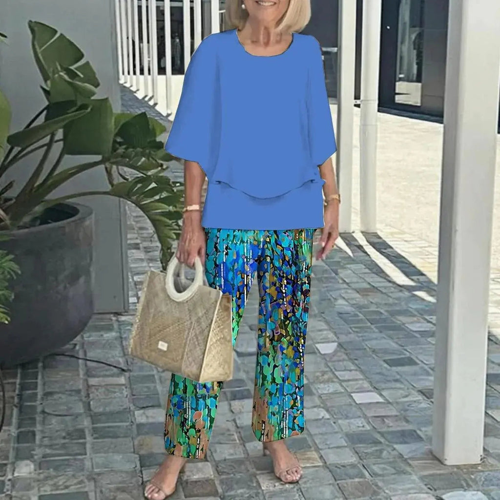Women Round Neck Mid Sleeve Loose Top & Printed Straight Pants 2 Piece Co Ord Set