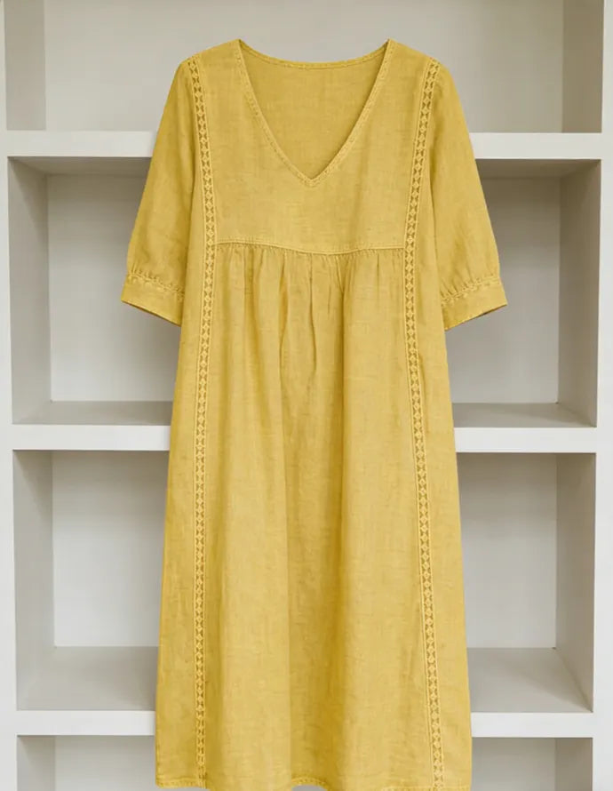 Women's Casual Loose-fitting Patchwork Lace Trim Linen And Cotton Dress
