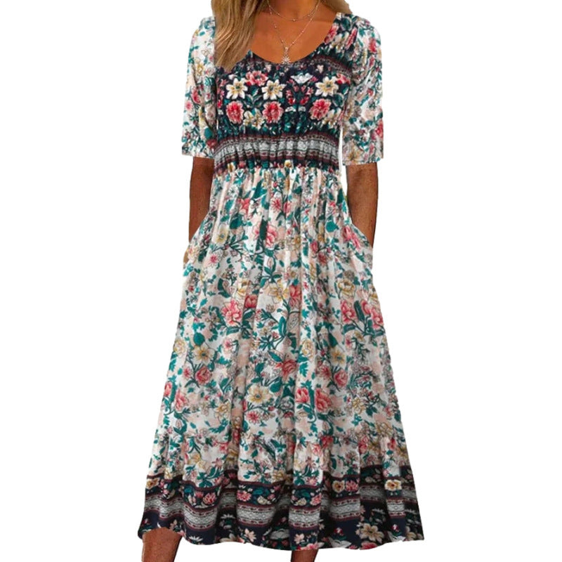 Women's round neck short sleeve bohemian print dress