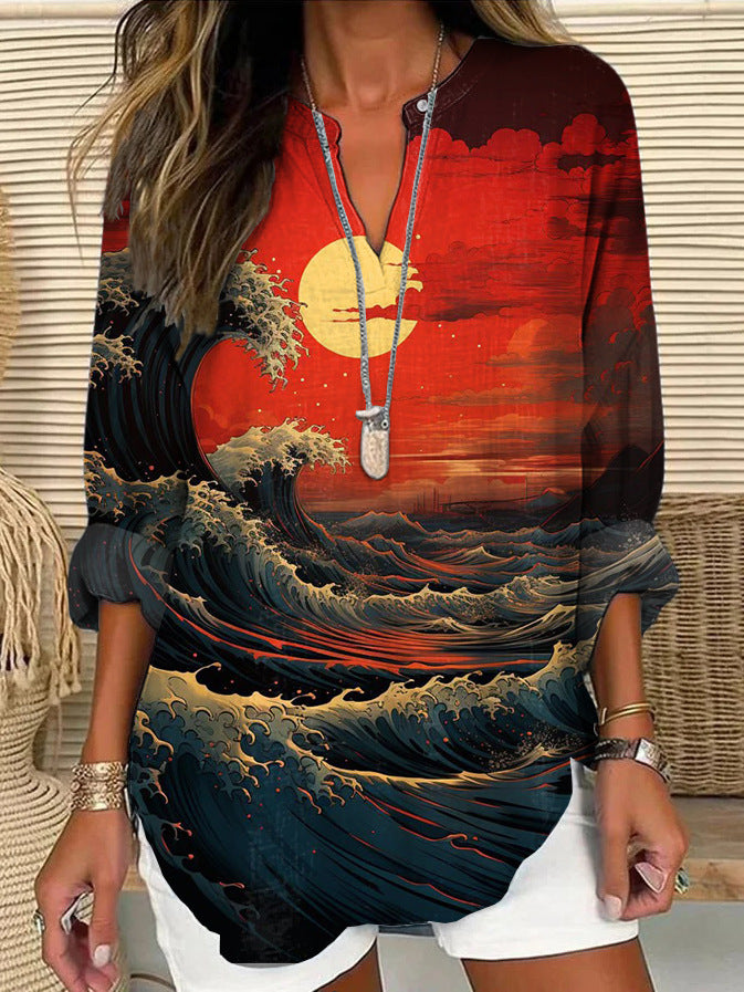 Split V-Neck 3/4 Sleeve Loose Fit Casual Top