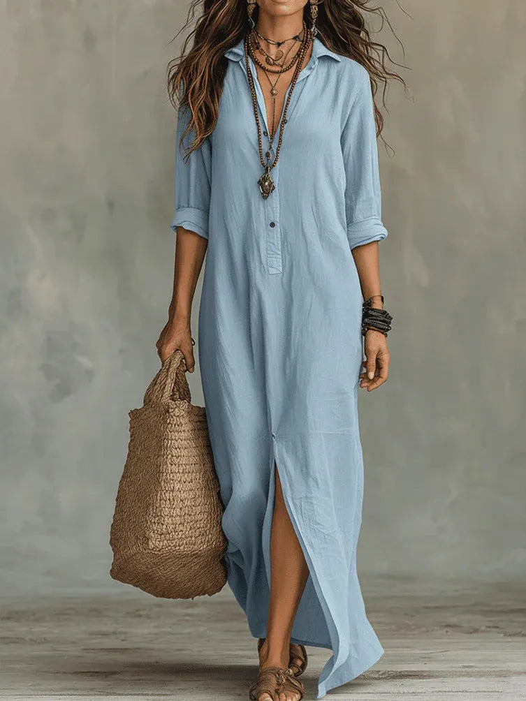 Women Lapel Half Button Maxi Shirt Dress Rolled 3/4 Sleeve Front High Slit Loose Boho Long Dress