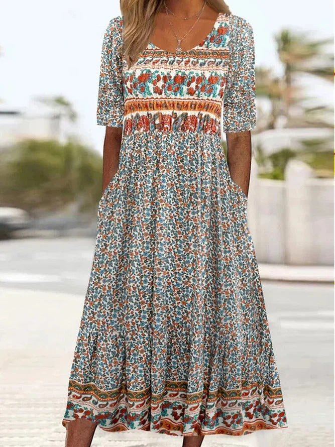 Women's round neck short sleeve bohemian print dress
