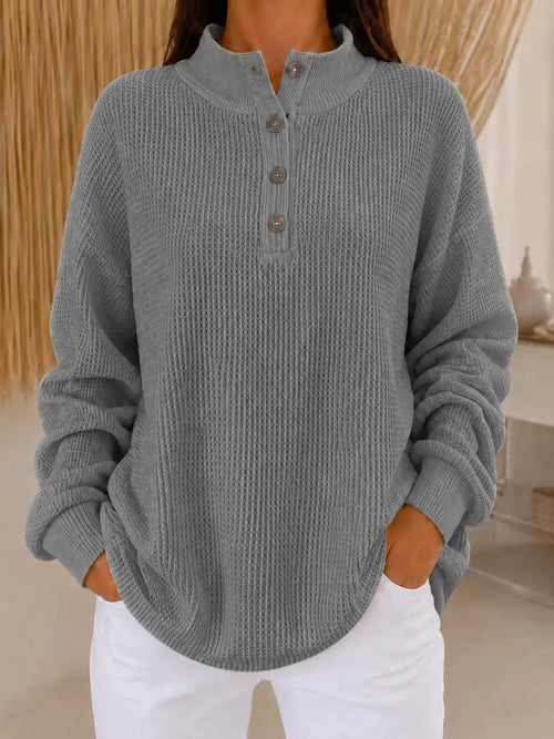 Cozy Luxe Waffle Knit Button-Down Pullover - Loose Fit Casual Long Sleeve Tops
