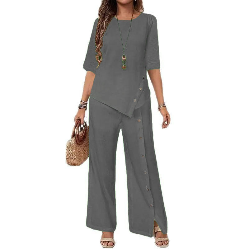 Women Irregular Hem Button Detail Top & Side Slit Wide Leg Pants 2 Piece Linen Look Set
