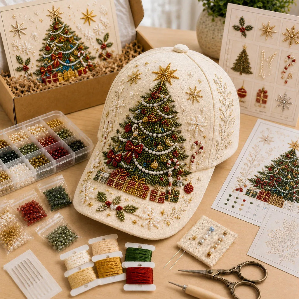 🔥HOT SALE🔥🎄🧢 Premium Christmas Beaded Hat DIY Kit | Luxury Flocked Canvas with Scratch-Resistant Non-Fading Pearl Beads DIY Handmade Holiday Cap Decor 🎅🪡✨