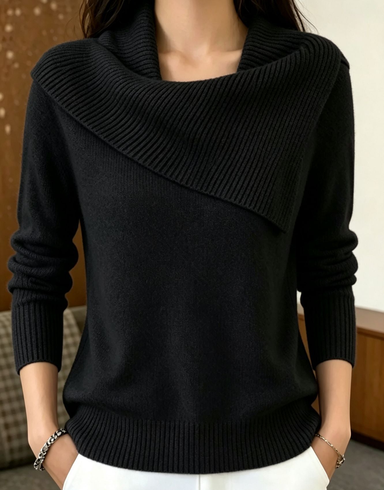 Women's Asymmetric Wide-Collar Knit Sweater
