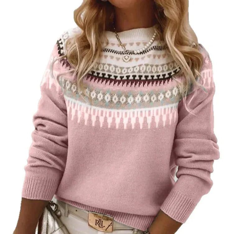 Ladies Vintage Nordic Jacquard Knit Top Crew Neck Long Sleeve Casual Sweater