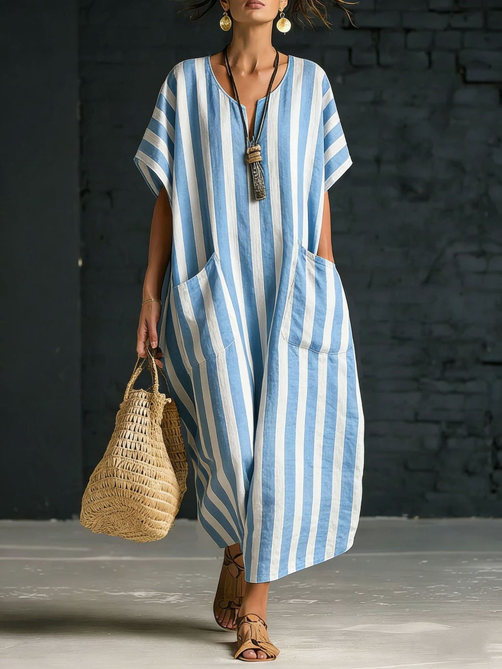 Women's V-Neck Striped Linen Dress
