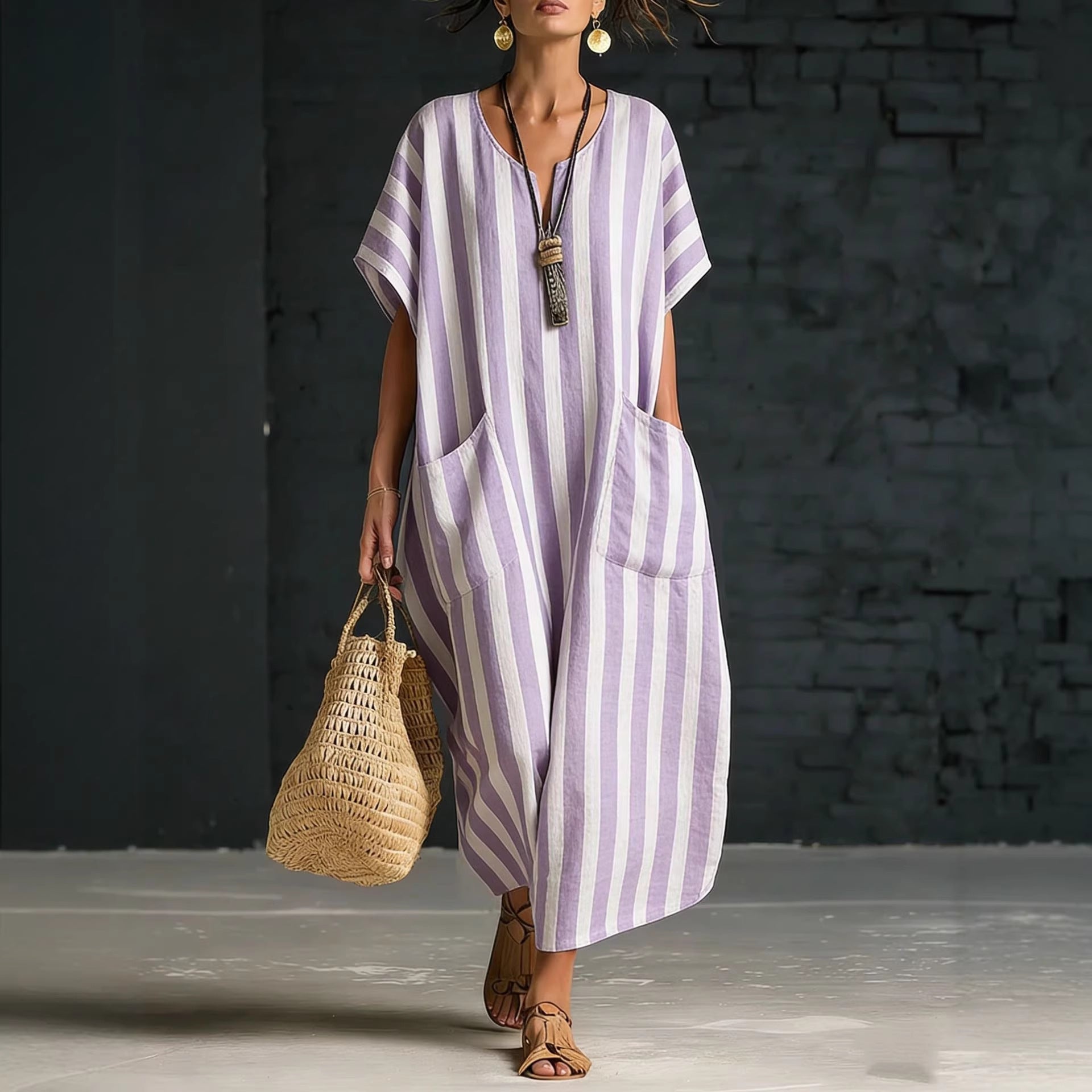Women's V-Neck Striped Linen Dress