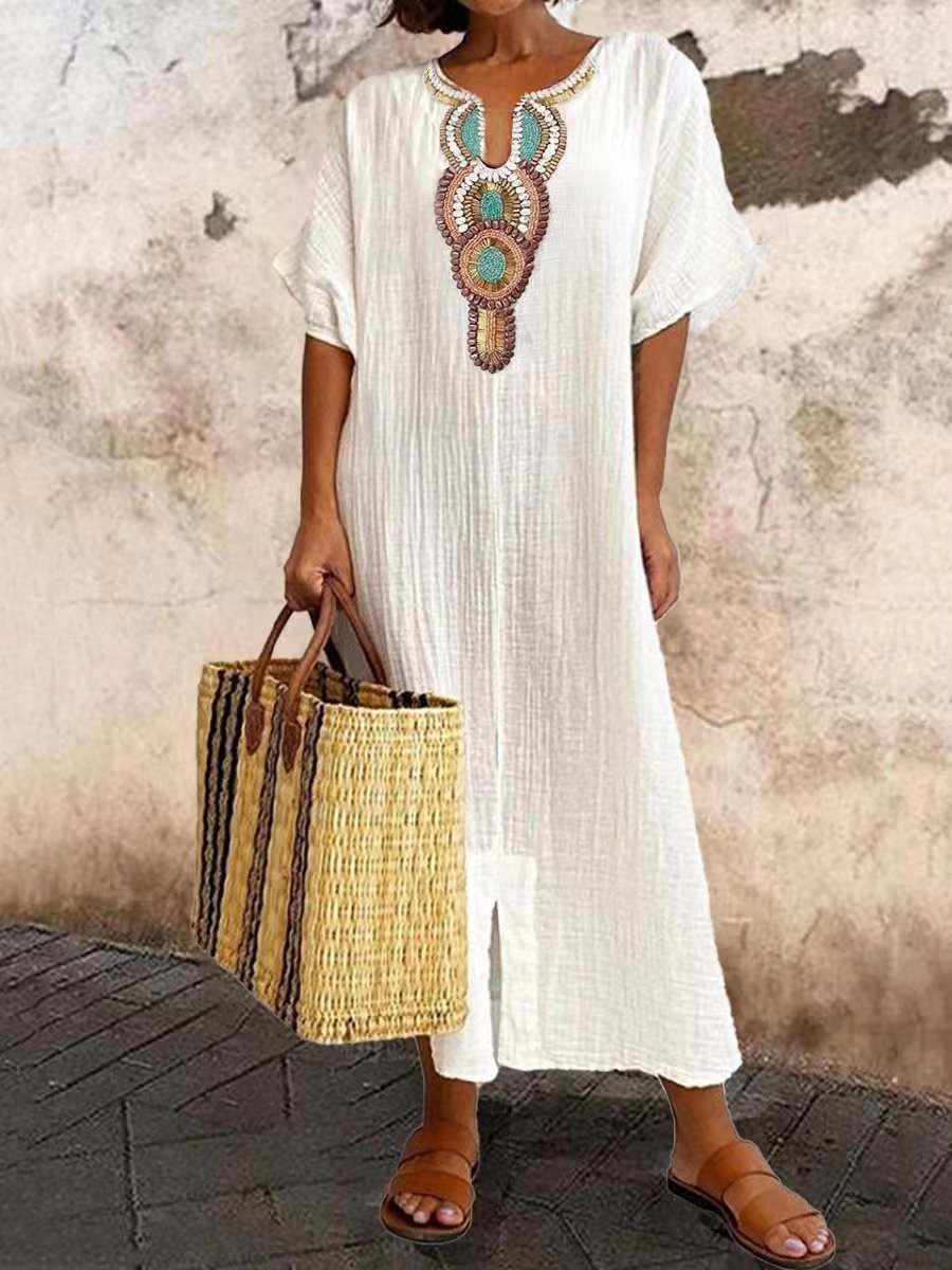 Women's Boho Embroidered Linen-Blend Kaftan Maxi Dress