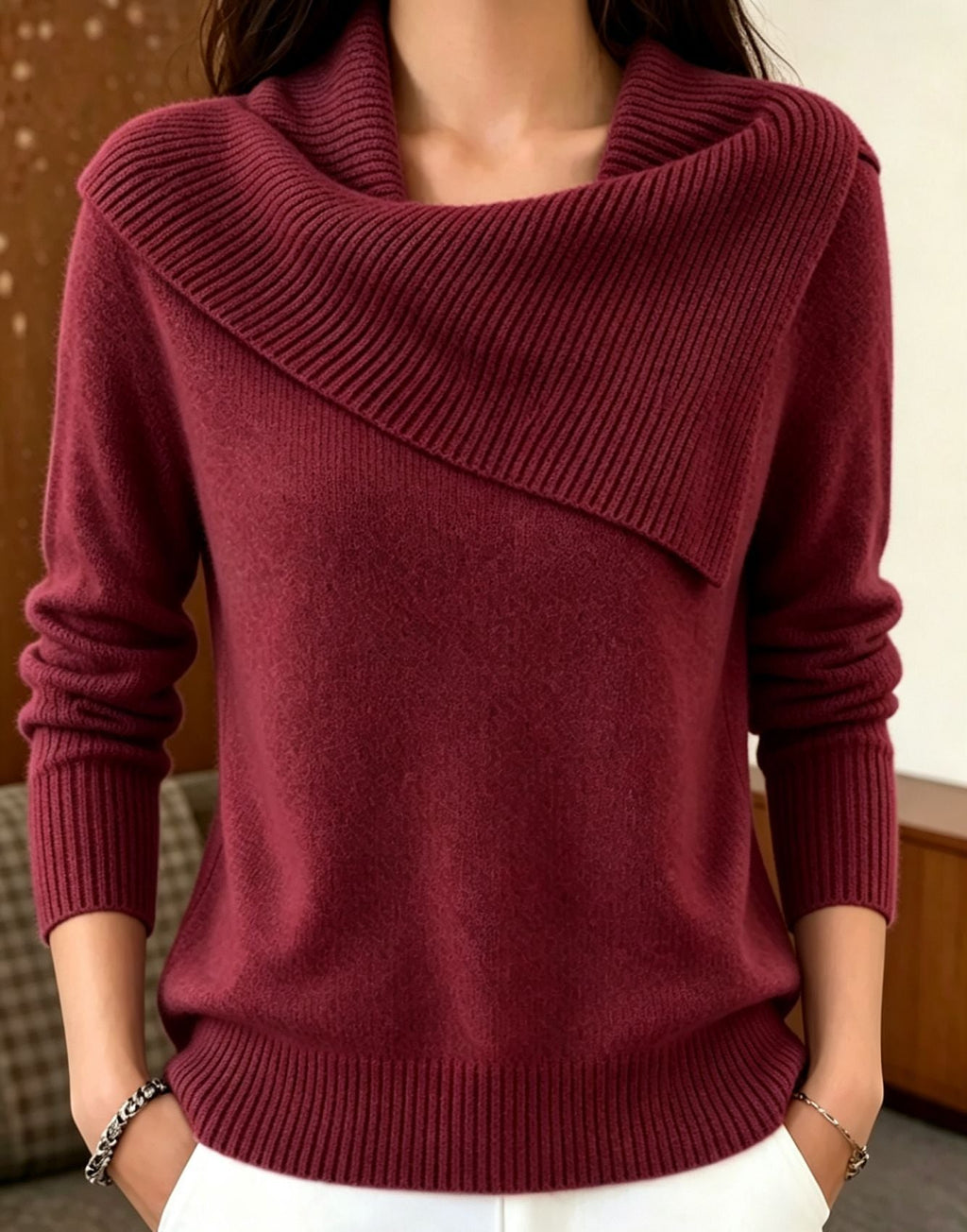 Women's Asymmetric Wide-Collar Knit Sweater