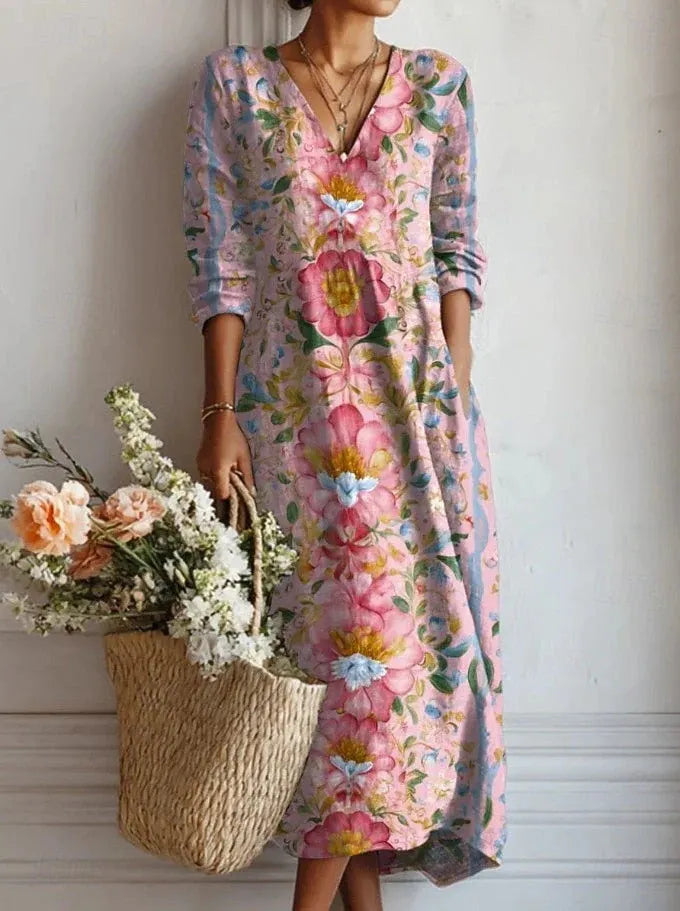 Women's Boho Floral Print Linen Maxi Dress