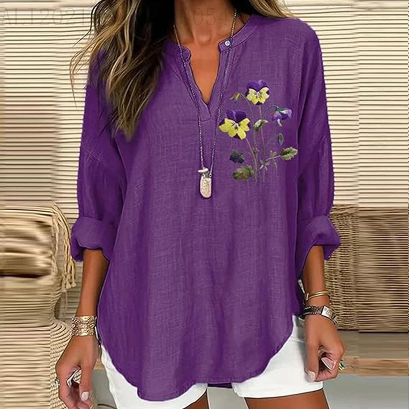 Split V-Neck 3/4 Sleeve Loose Fit Casual Top