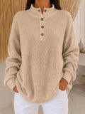 Cozy Luxe Waffle Knit Button-Down Pullover - Loose Fit Casual Long Sleeve Tops