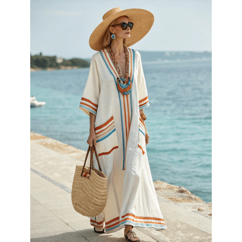 Women's V-Neck Linen-Blend Kaftan Dress