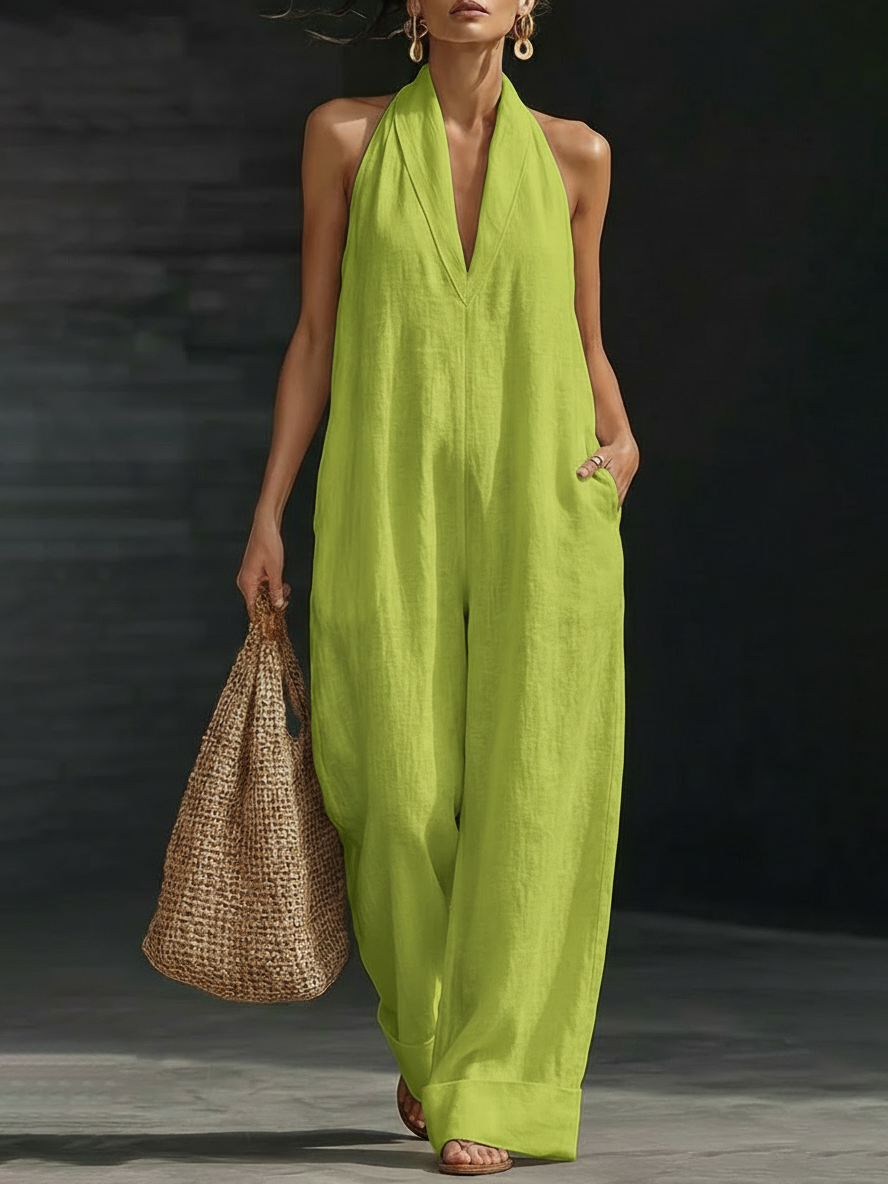 Halter Neck Linen Jumpsuit | Women's Wide Leg One Piece Outfit
