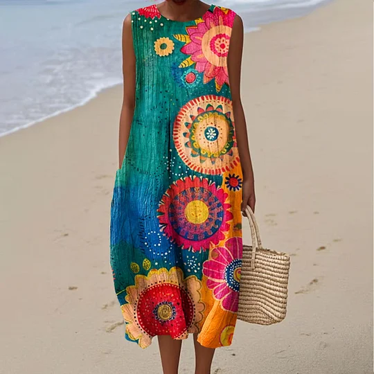 Cotton Linen Printed Midi Dress | Women's Sleeveless Beach Vacation Dress