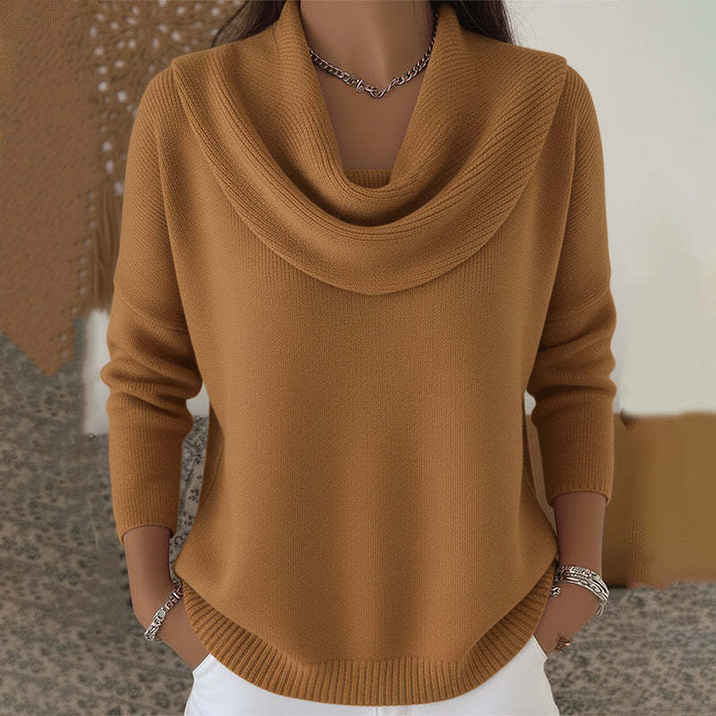 Women Cowl Collar Knit Sweater Solid Color Long Sleeve Pullover Casual Knit Top