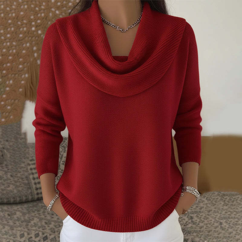 Women Cowl Collar Knit Sweater Solid Color Long Sleeve Pullover Casual Knit Top