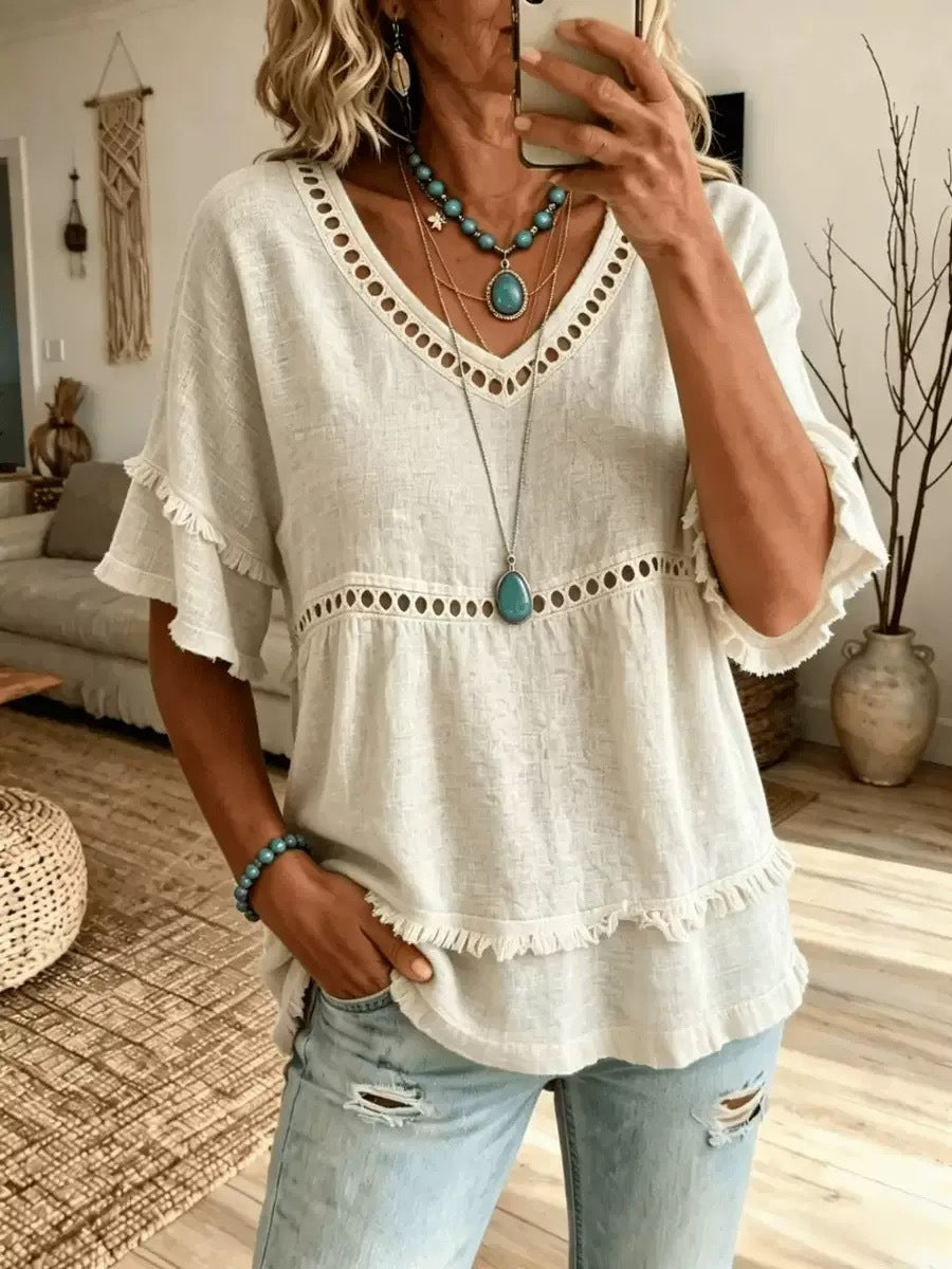 Women's V-Neck Eyelet Ruffle Trim Peplum Blouse