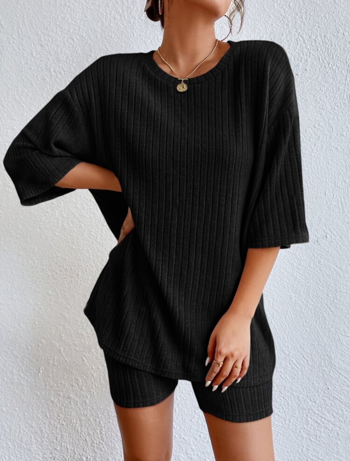 Women Crew Neck Drop Shoulder Half Sleeve Top & High Waist Shorts 2 Piece Loungewear Set