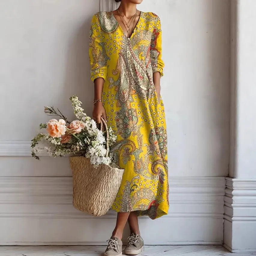 Women's Boho Floral Print Linen Maxi Dress