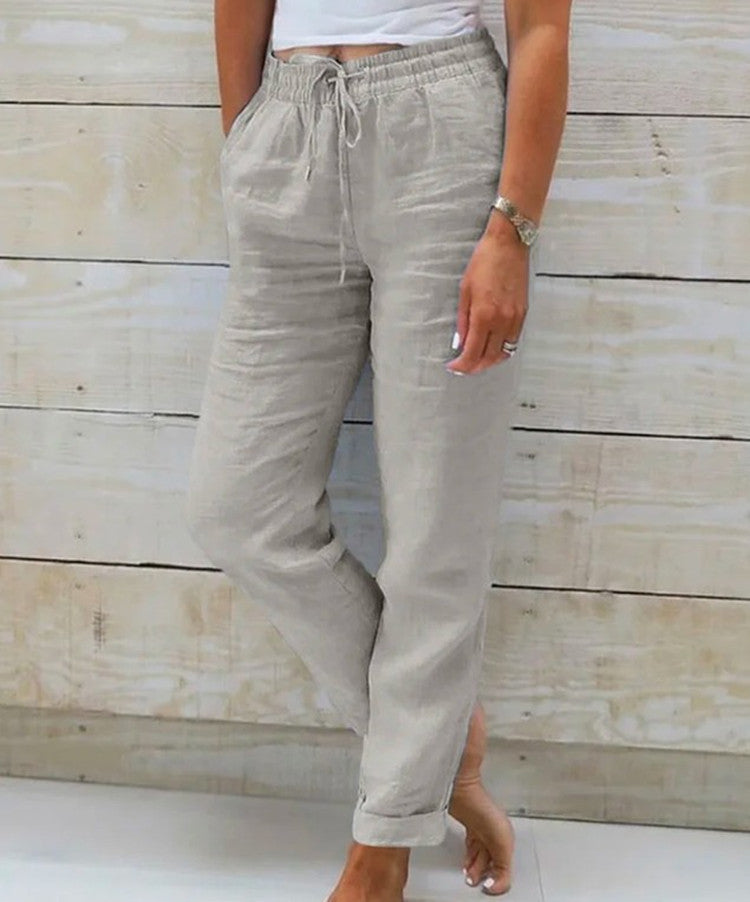 Elastic high-waisted solid color cotton and linen casual pants